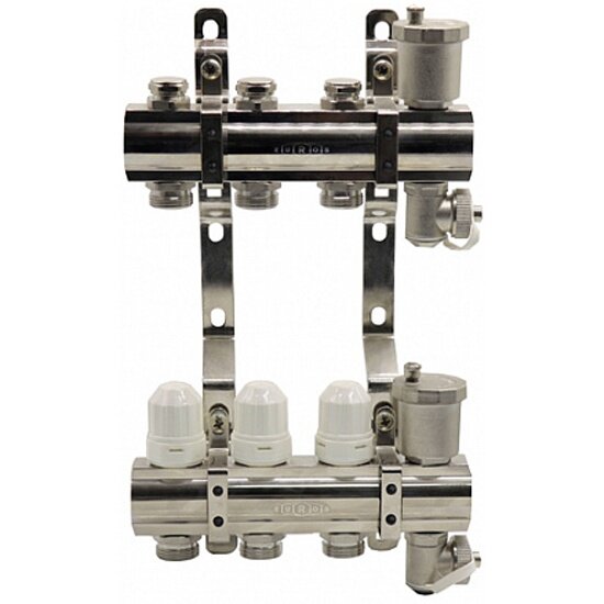 Коллекторная группа Euros с термостатическими вставками, запорными клапанами, воздухоотводчиками и дренажем 1x34x3_k