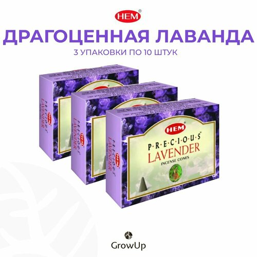 Набор HEM Драгоценная лаванда - 3 упаковки по 10 шт - ароматические благовония, конусовидные, конусы с подставкой, Precious Lavender - ХЕМ