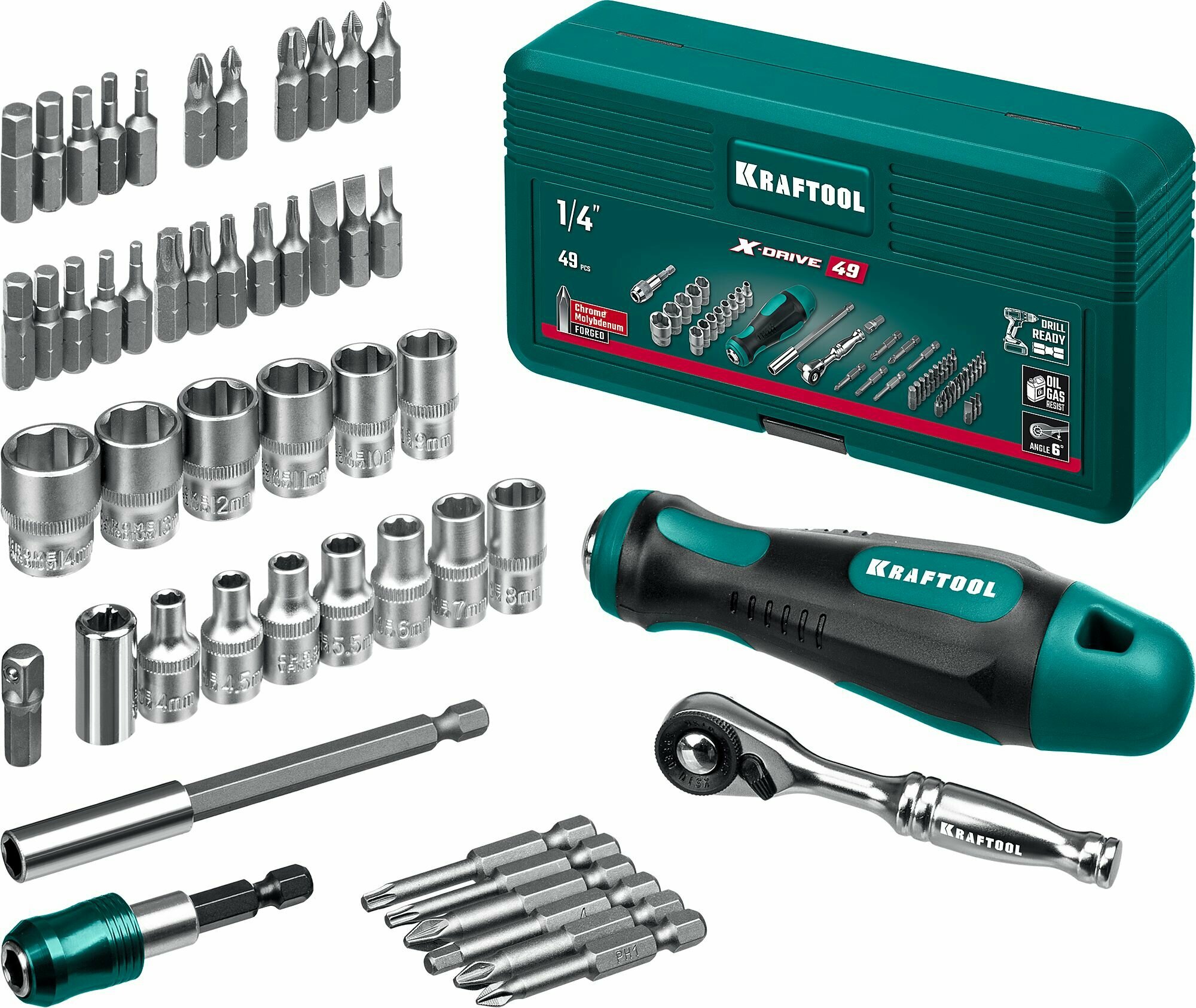 Набор бит и головок с битодержателем и трещоткой KRAFTOOL X-Drive-49, 49 шт 25816