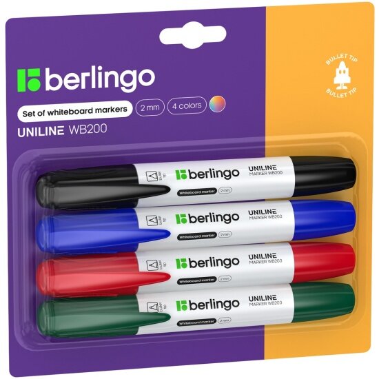 Набор маркеров Berlingo для магнитно-маркерных досок, 2мм, 4 цвета, закругленный пишущий узел