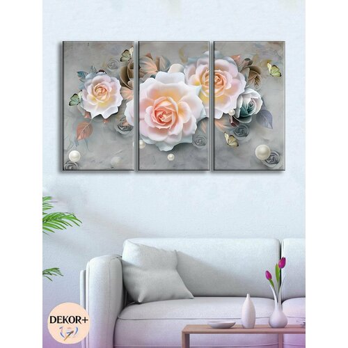 Интерьерная модульная картина на стену из трех частей 60х100 см А70 Кремово-розовые розы 1190₽