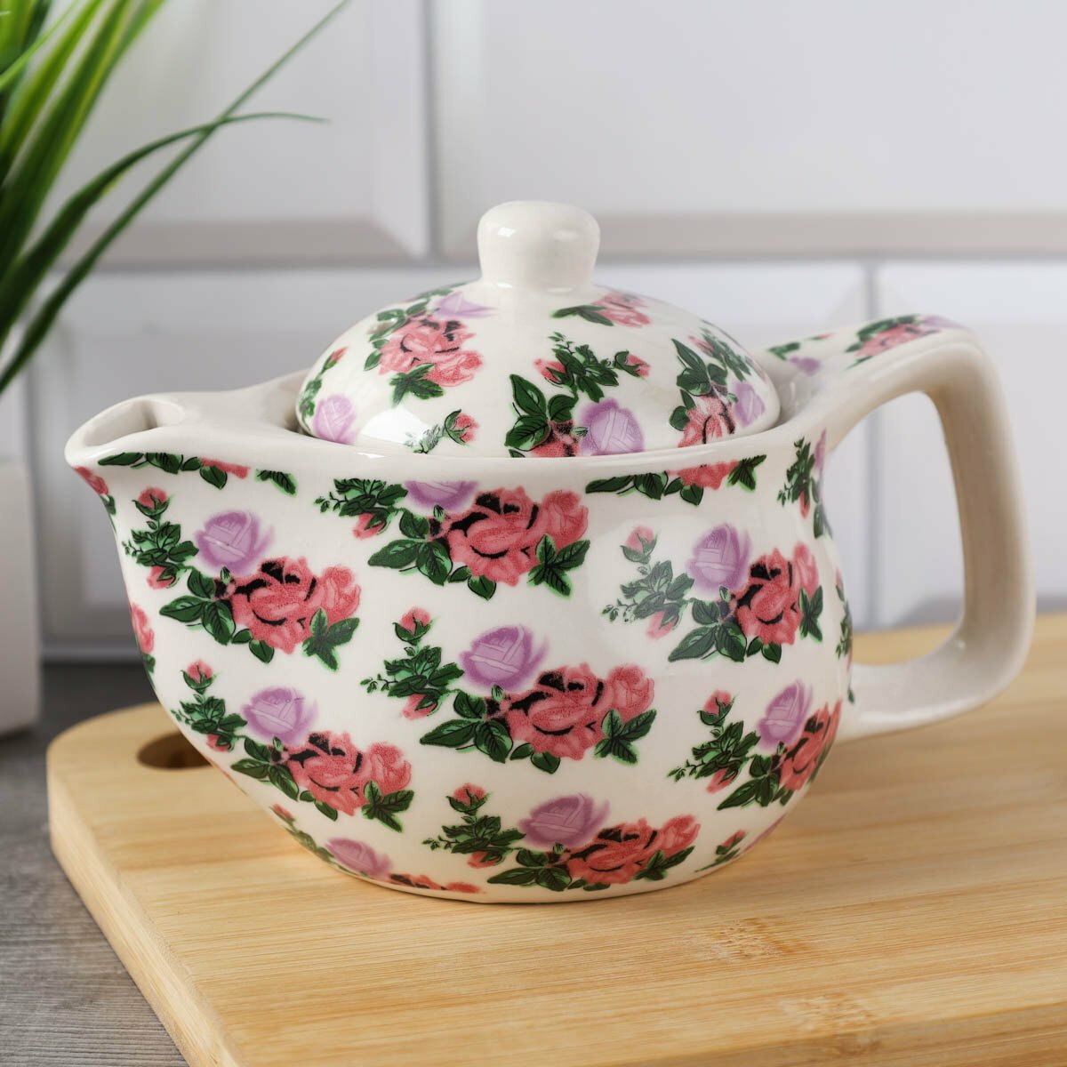 фото Чайник заварочный "Зеленые цветы" 350 мл из керамики, с ситом