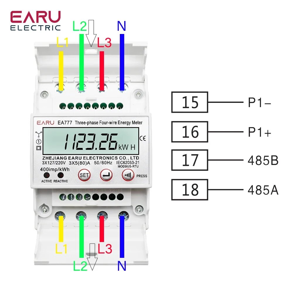 Ваттметры Трифазный счетчик электроэнергии EARUELECTRIC Three Phase, 3X230 or 400V