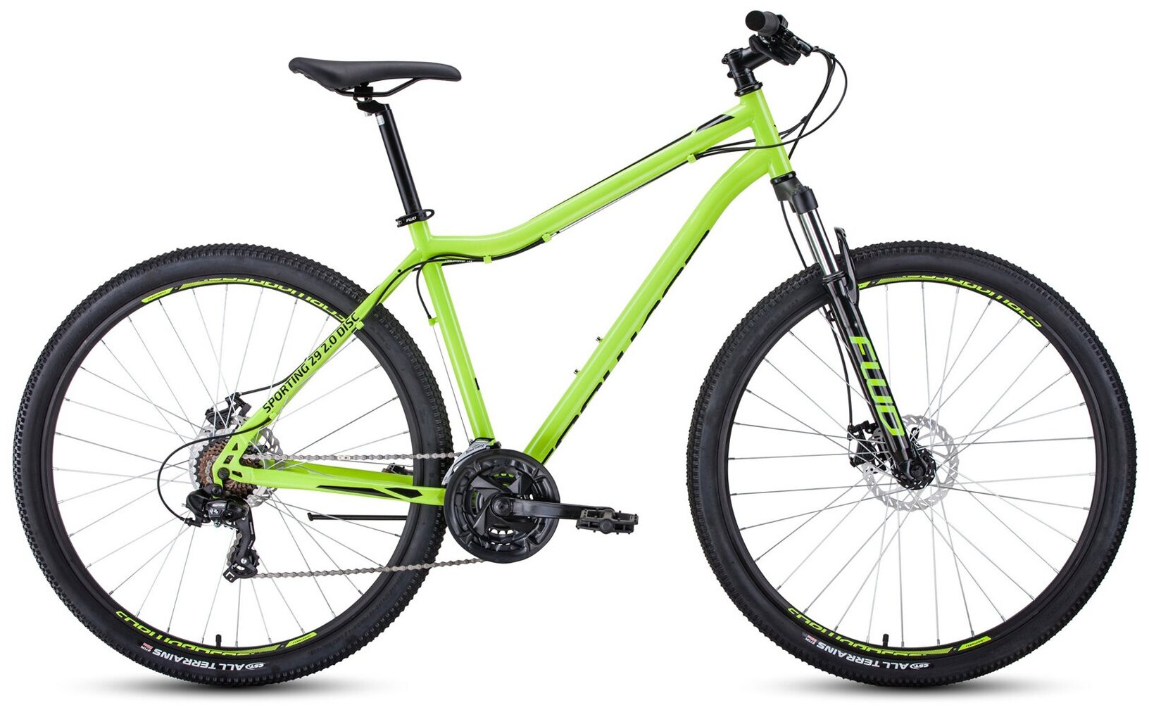 Велосипед FORWARD SPORTING 29 2.0 D, колесо 29'', рост 21'', сезон 2021-2022, ярко-зеленый/черный