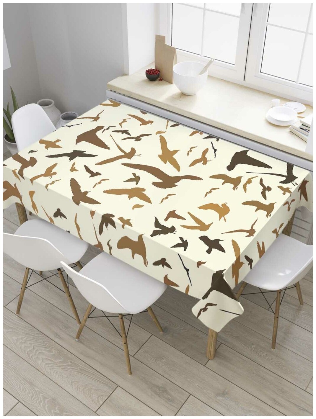 Скатерть прямоугольная JoyArty на кухонный стол "Мигрирующие птицы" из оксфорда, 180x145 см
