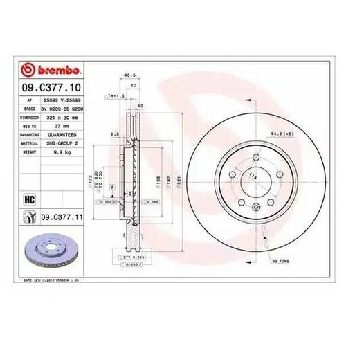 фото Тормозной диск brembo 09.c377.11 для opel astra, cascada, zafira