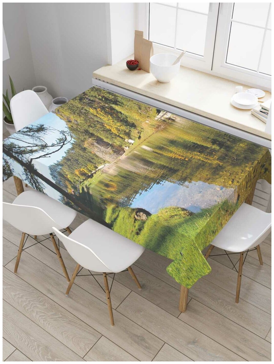 Скатерть прямоугольная JoyArty на кухонный стол "Ранняя осень на горной реке" из оксфорда, 180x145 см