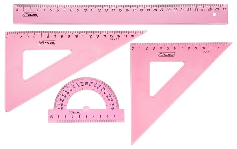 Стамм Набор чертежный большой, (треуг. 2шт, линейка 30см, транспортир), прозрачный флуоресцентный sela25
