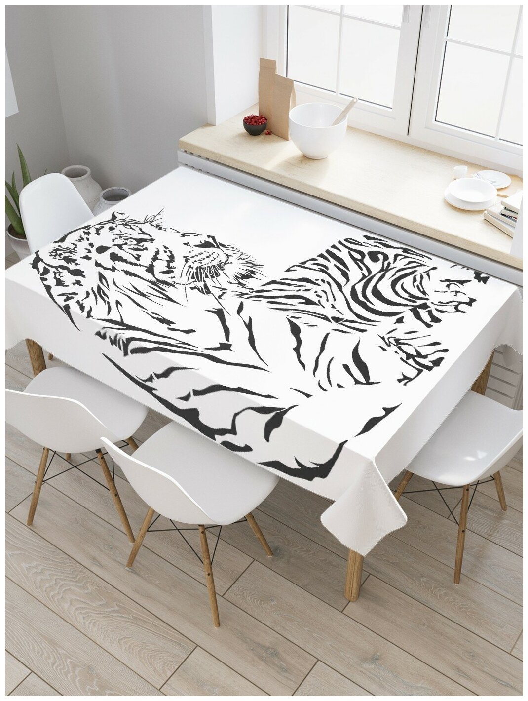 Скатерть прямоугольная JoyArty на кухонный стол "Тигр на отдыхе графика" из оксфорда, 120x145 см