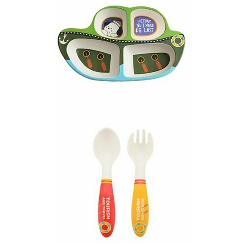 фото Детский столовый набор, тарелка, ложка, вилка, цвет зеленый, 31х19,7х4 см, baby fox bf-bowl-25