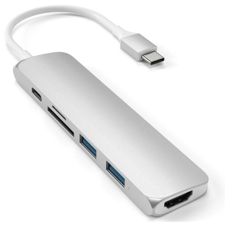 USB-хаб Satechi Aluminum Type-C Slim Multi-Port Adapter V2 (2xUSB 3.0, USB Type-C, HDMI, SD, micro-SD), Серебристый Док-станция ST-SCMA2S