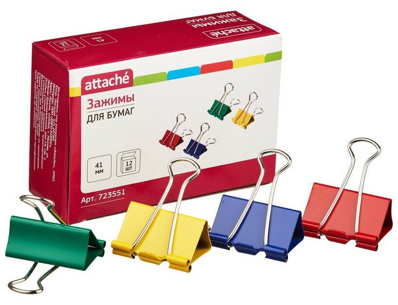 Зажимы для бумаг Attache, 41 мм, 12 шт, цветные, в карт. коробке