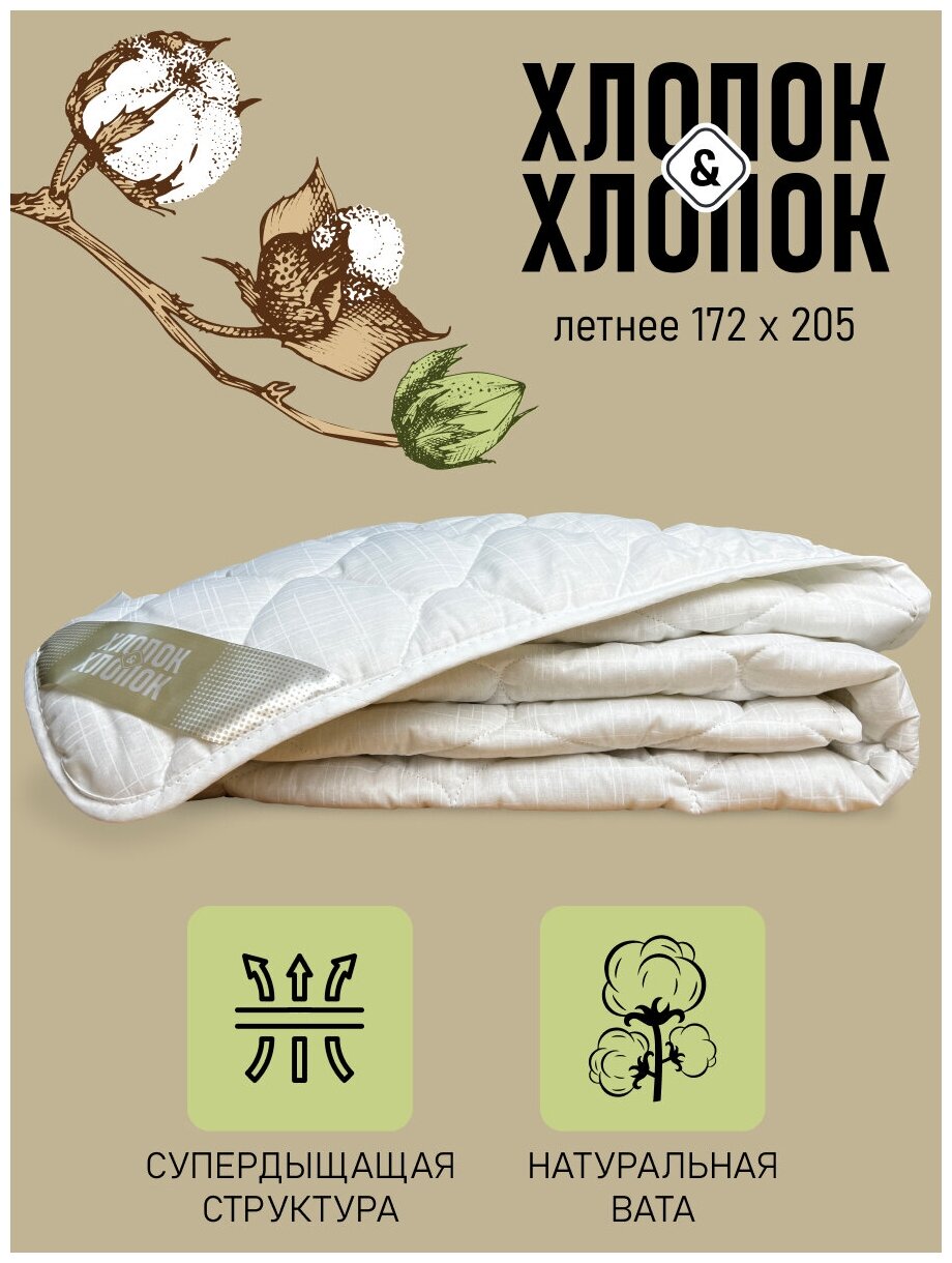 Одеяло Хлопок & Хлопок 2 спальное, 172 x 205, Летнее легкое, гипоаллергенное - фотография № 2