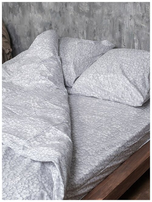 Постельное белье льняное / Размер 1,5-спальное с наволочками 70х70 / Цветы - Серый