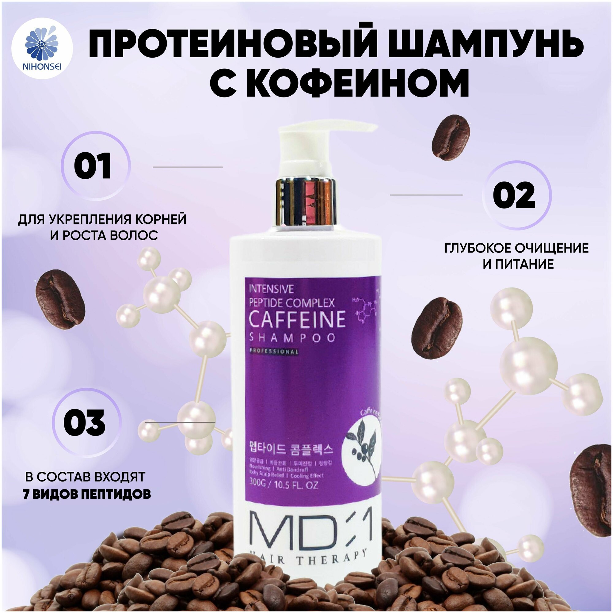 MD:1 Пептидный шампунь с кофеином против выпадения и перхоти Intensive Peptide Caffeine Shampoo, 300 мл Корея / Корейская косметика по уходу за волосами, протеиновый шампунь