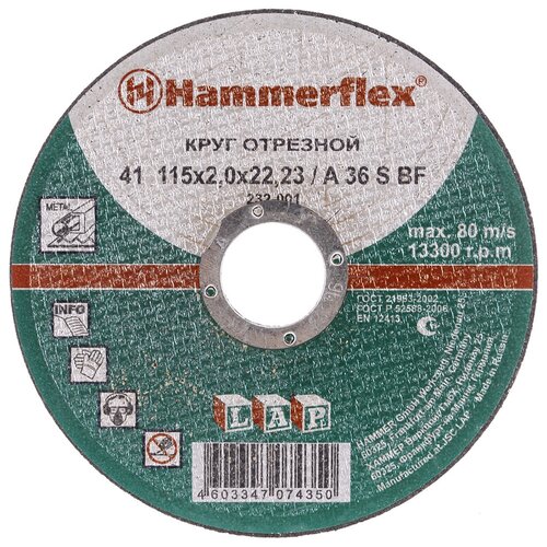 Круг отрезной ПО металлу 115х2.0х22 HAMMERFLEX А 54 S BF