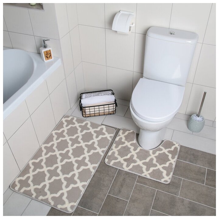 Набор ковриков для ванной и туалета Доляна «Трафарет», 2 шт: 40×50, 50×80 см, цвет бежевый - фотография № 2