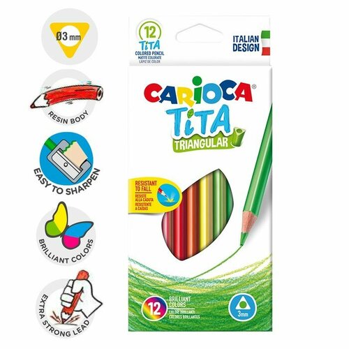 Карандаши 12 цветов Carioca Tita, яркий ударопрочный грифель 3.0 мм, трехгранные, пластиковые, картон, европодвес carioca набор цветных карандашей carioca triangular трехгранные 12 цветов