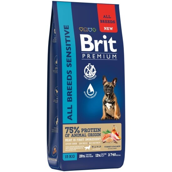 Корм сухой для взрослых собак всех пород Brit Premium Dog Sensitive с чувствительным пищеварением, с лососем и индейкой 15 кг — фото 1