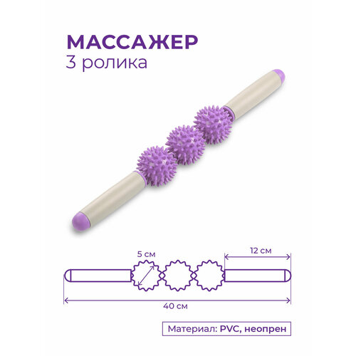 Роликовый ручной массажер для телаМассажер для спиныРолик антицеллюлитныйСкалка массажная INDIGO 3 ролика Сиреневый 40x55x55см 701₽