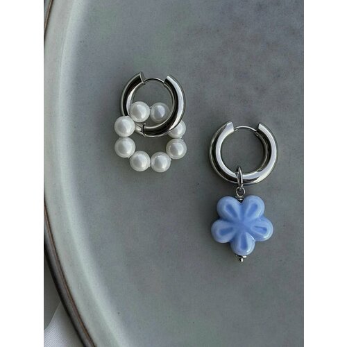 Серьги конго, керамика, жемчуг имитация, бежевый, синий, серый