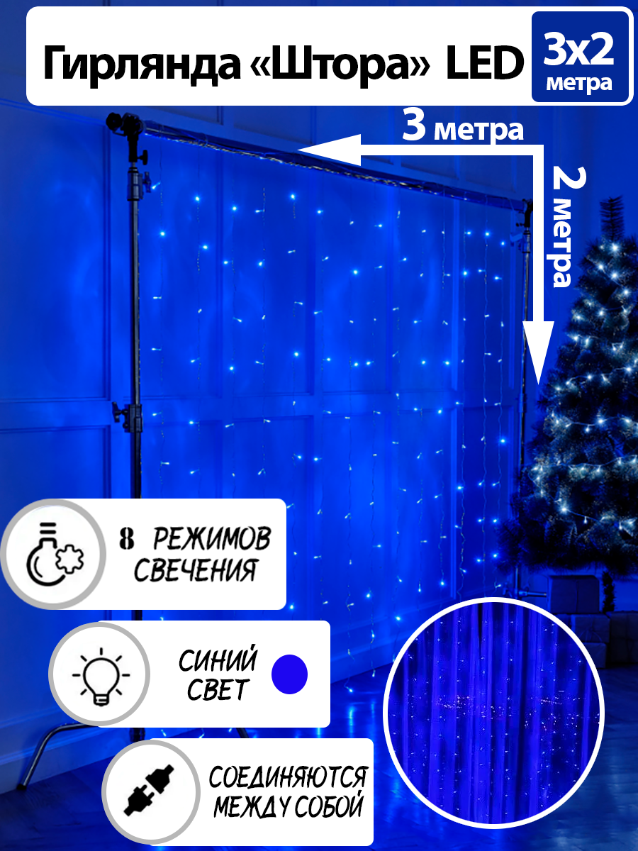 Гирлянда электрическерная 3х2 метра Новый Гая интерьод 2023 /320 LED/Светодиодная штора- занавес/Световой дождь/Тюль /синий/Серия: Лапландия