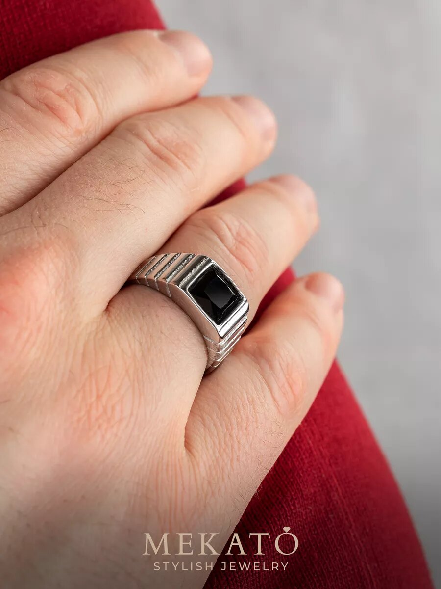 Печатка МЕКАТО, стекло, размер 18, серебряный, черный — фото 1