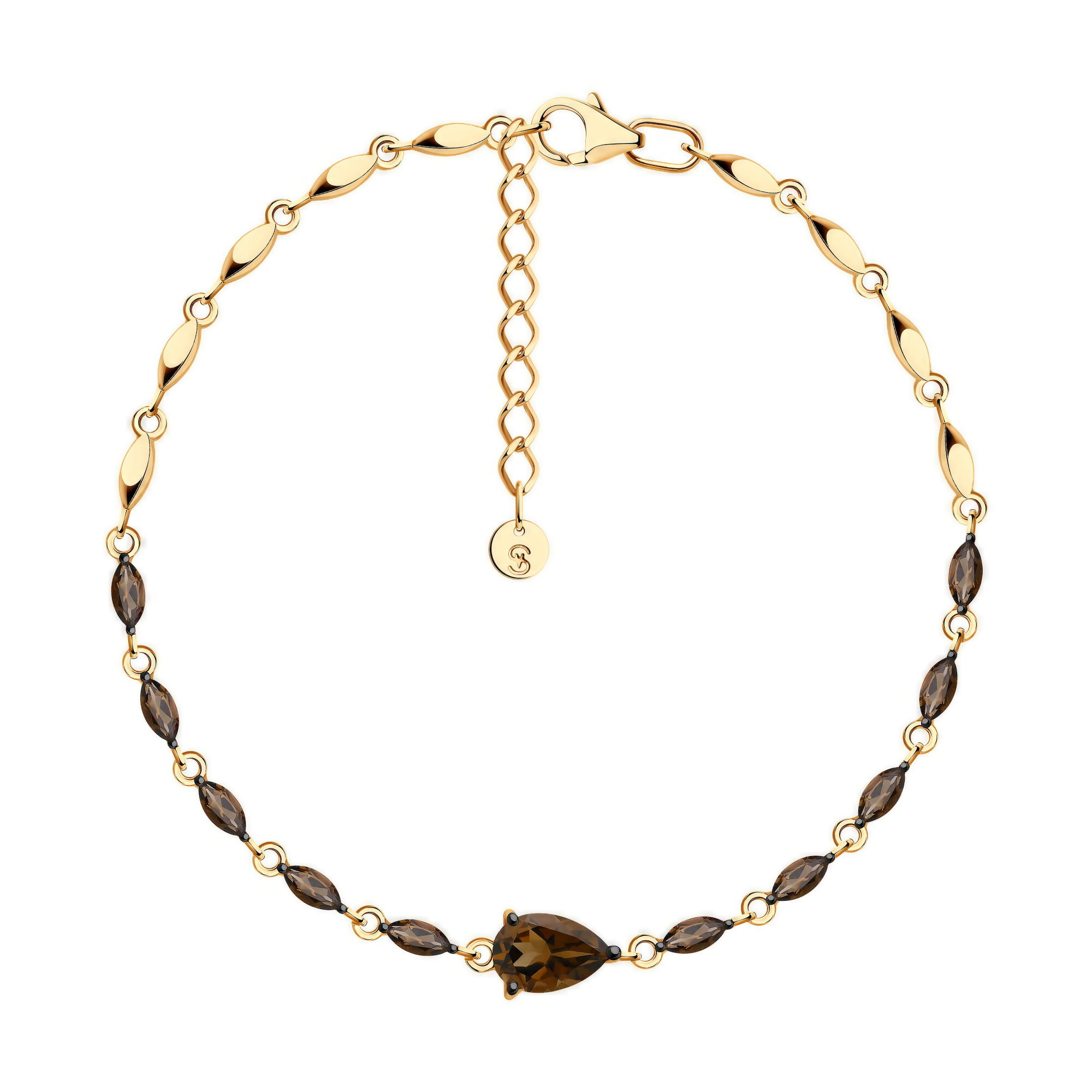 Браслет, серебро, 925 проба, золочение, раухтопаз