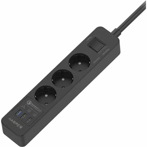 Harper Сетевой фильтр с USB зарядкой UCH-410 Black QC3.0 (3 роз,3м,3xUSB (max 4.8A), 4000W) {H00003198}