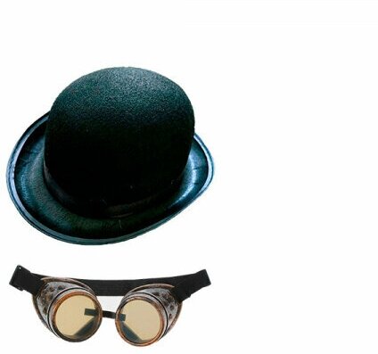 Набор шляпа "Котелок" черная фетровая р-р 58, карнавальные очки "Стимпанк Летчик" гогглы