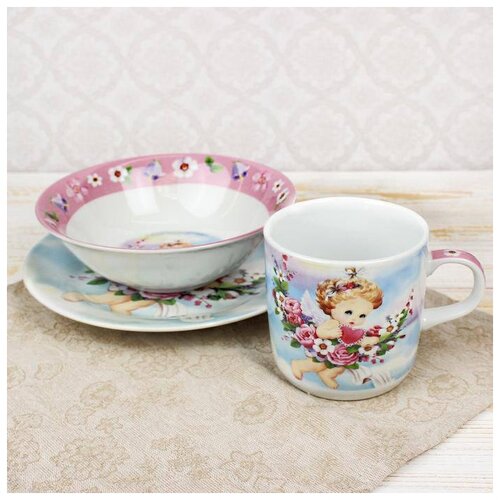 фото Набор детской посуды доляна "ангелок", 3 предмета: кружка 230 мл, миска 400 мл, тарелка 18 см (2480333)