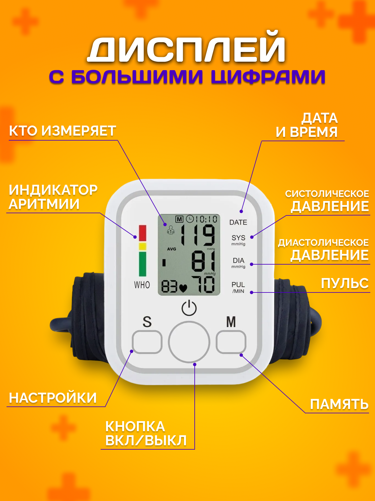 Тонометр автоматический артериальный с памятью адаптером электронный цифровой портативный домашний универсальный на руку/плечо