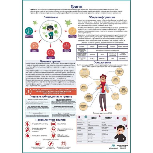 Грипп медицинский плакат, матовый холст от 200 г/кв.м, размер A1+