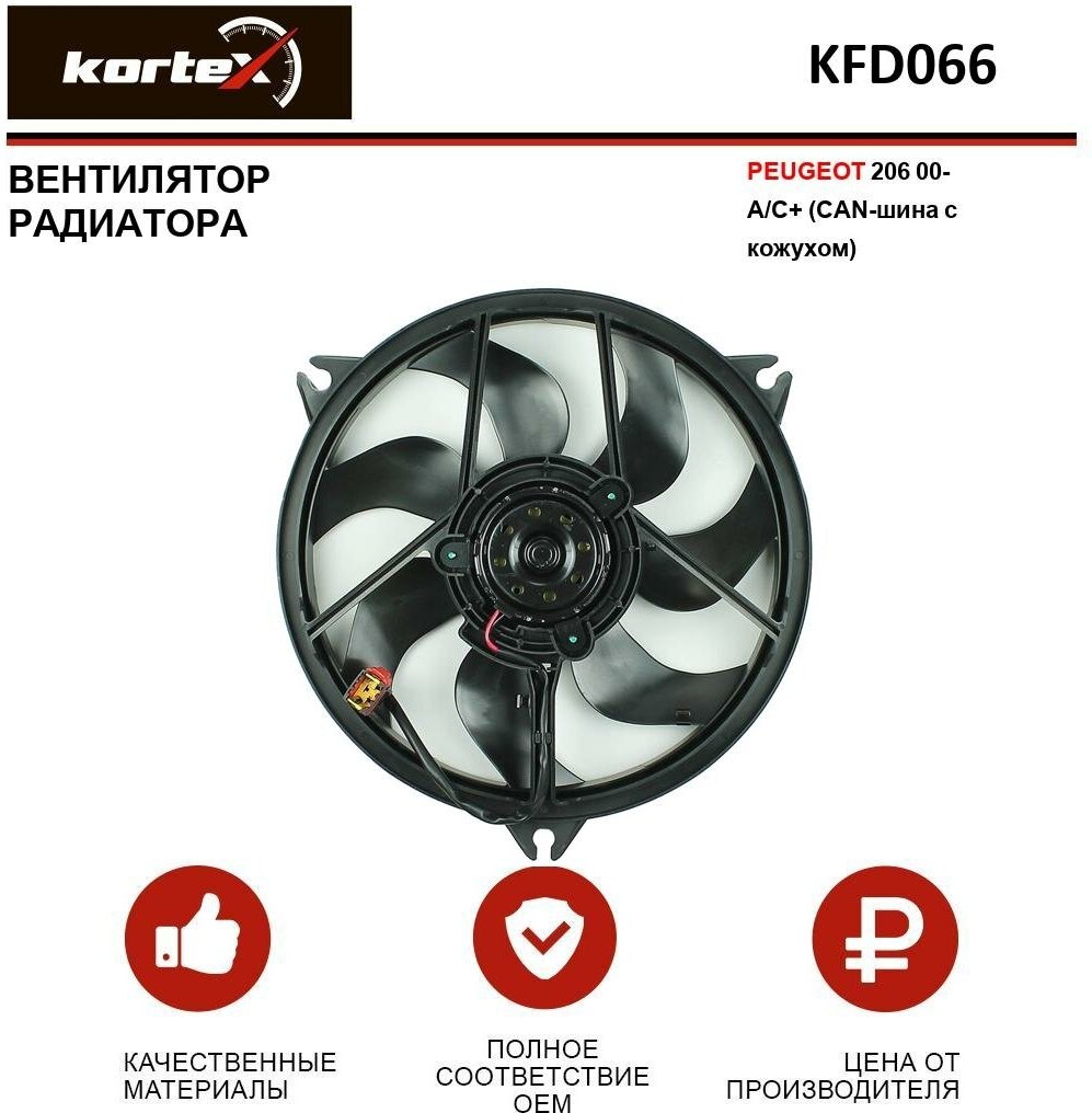 Вентилятор радиатора Kortex для Peugeot 206 00- A / C+ (CAN-шина с кожухом) OEM 1253R7, KFD066, LFK20207