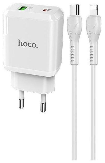 Адаптер питания Hoco N5 Favor dual port PD+QC 3.0 charger с кабелем Lightning to Type-C (USB: 5V max 3.0A/ 20Вт) Белый