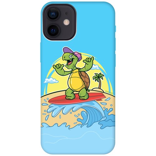 фото Силиконовая чехол-накладка silky touch для apple iphone 12 mini с принтом "turtle surfer" голубая gosso