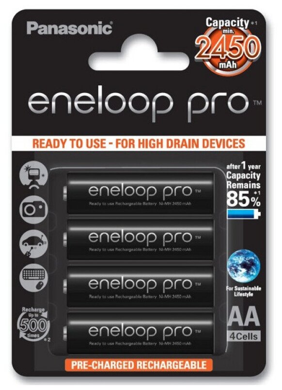 Аккумулятор Panasonic Eneloop Pro AA 2450mAh (BK-3HCDE/4BE), 4 шт.