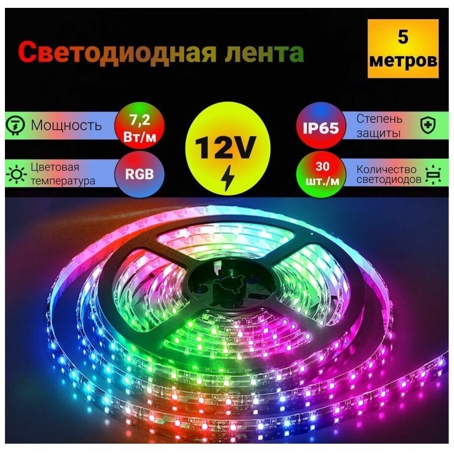 Лента светодиодная GENERAL 7.2W 12V IP65 RGB (катушка 5м)