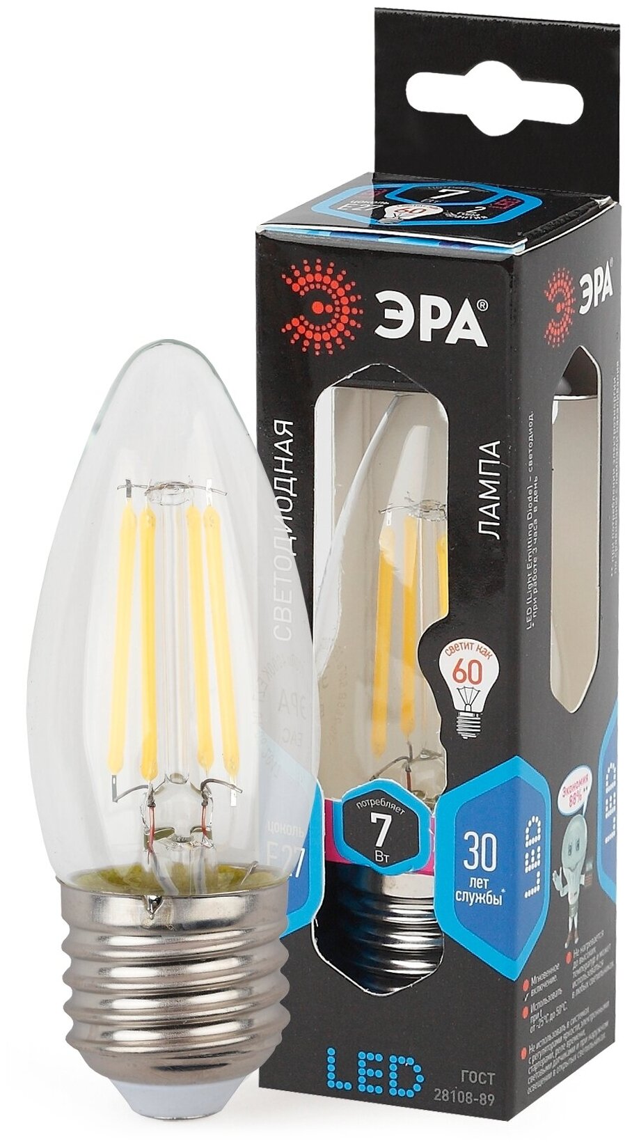 Лампочка светодиодная ЭРА F-LED B35-7W-840-E27 Е27 7Вт филамент свеча нейтральный белый свет арт. Б0027951 (1 шт.)