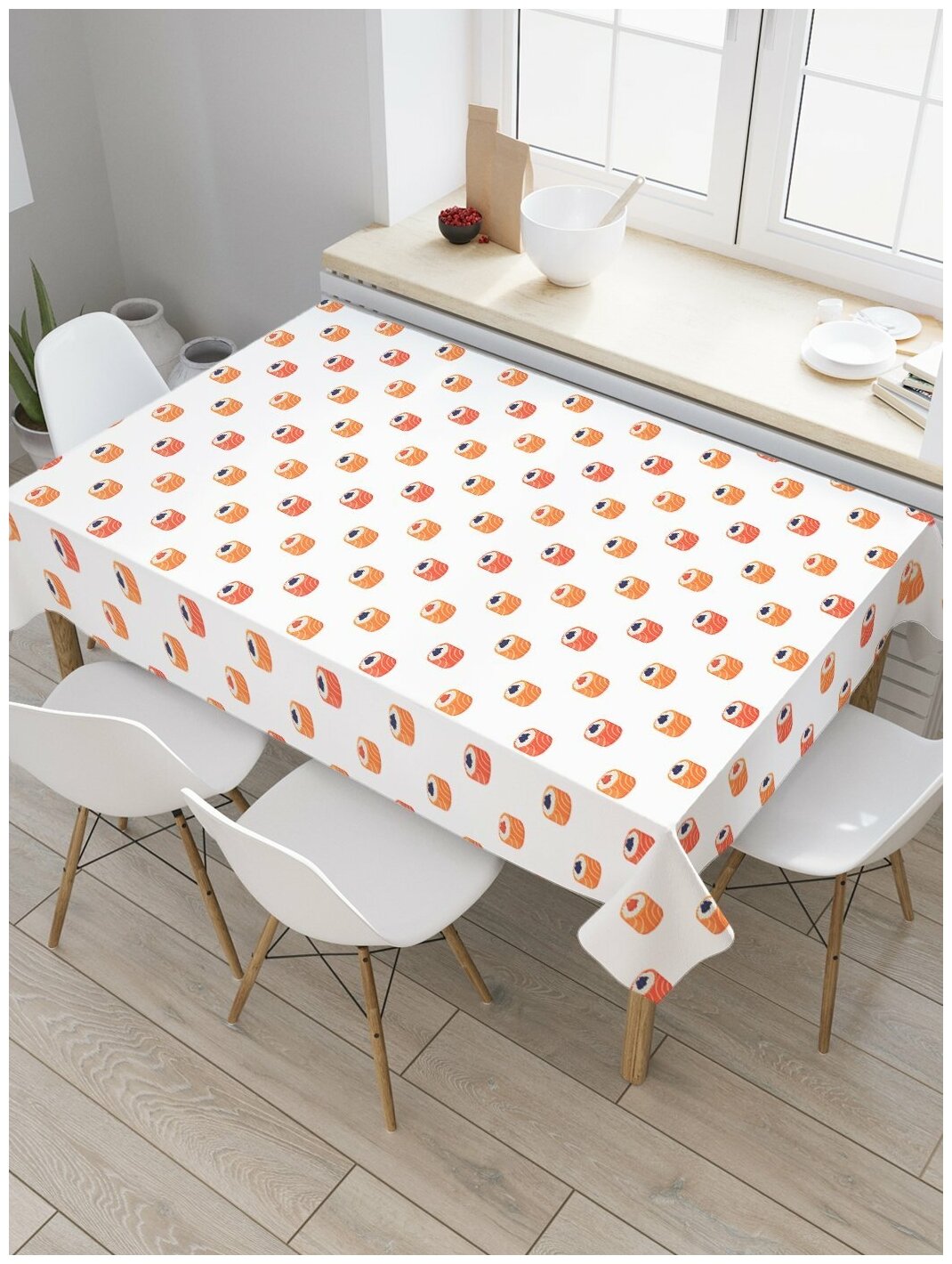 Скатерть прямоугольная JoyArty на кухонный стол "Роллы с икрой" из оксфорда, 120x145 см