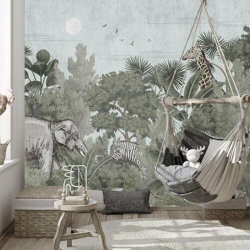 Детские обои с Зеброй, жирафом, слоном и носорогом, дизайнерская коллекция Neverland, 360х270 см, флизелиновая основа, экочернила