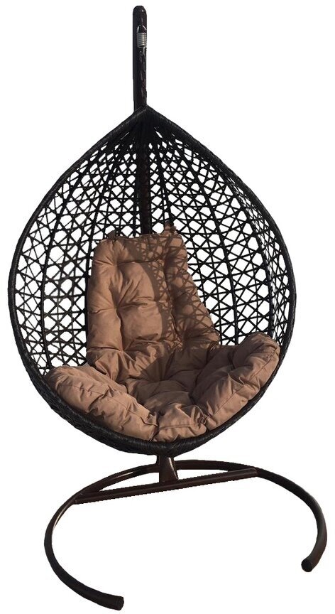 Подвесное кресло кокон с ротангом люкс коричневое, подушка бежевая