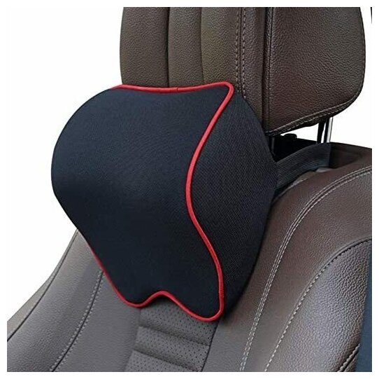 Подушка на подголовник автомобильного кресла в машину, подголовник ортопедический, черный с красной строчкой