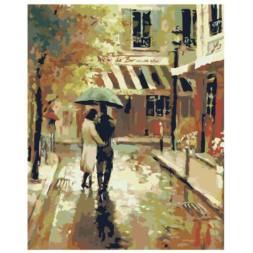 Картина по номерам, Живопись по номерам, 80 x 100, BH24, Влюблённые, дождь, живопись, городской пейзаж, кафе, зонт, осень