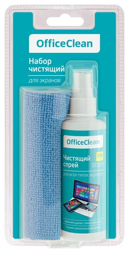 Чистящий спрей OfficeClean для всех типов экранов и мониторов, в комплекте салфетка из микрофибры