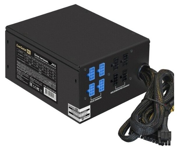 EXEGATE Блок питания EX292336RUS Блок питания 750W 750PPX ATX, APFC, КПД 80% 80 PLUS , 14cm fan, 20+4pin, 2x 4+4 pin, 6xPCI-E, 10xSATA, 4xIDE,