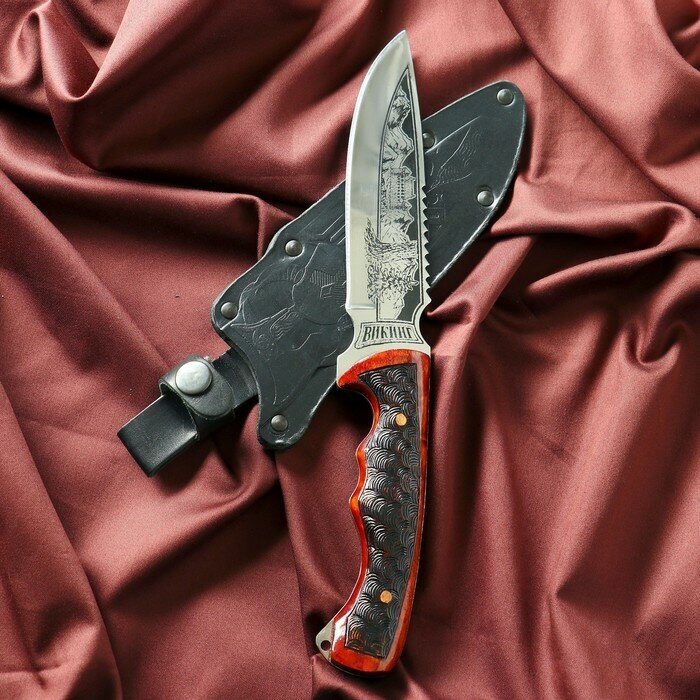 Сердце Кизляра Нож кавказский, туристический "Викинг" с ножнами, сталь - 40х13, жженый орех, 14.5 см
