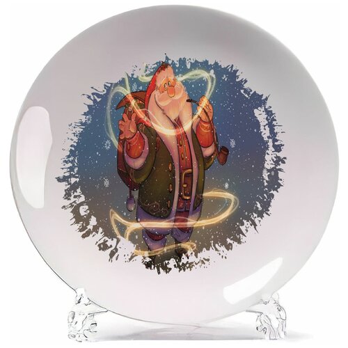 фото Тарелка coolpodarok санта клаус с трубкой и рюкзаком снежинки на фоне
