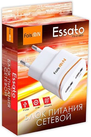 Блок питания сетевой 2 USB FaisON FS-Z-983, 2400mA, пластик, белый