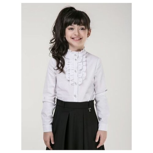 Школьная блузка с рюшами и воротником-стойкой, белая, LETTY, LC7G-BL-32C-white (146 белый) белого цвета